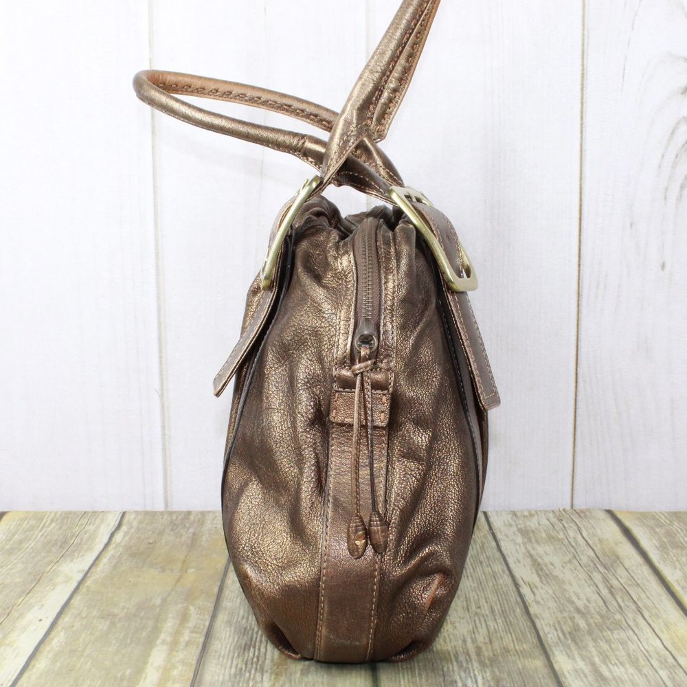 Cole Haan Gold Brown Leather Brass Buckle Double Handles Tote Shoulder Bag - Picture 3 of 12